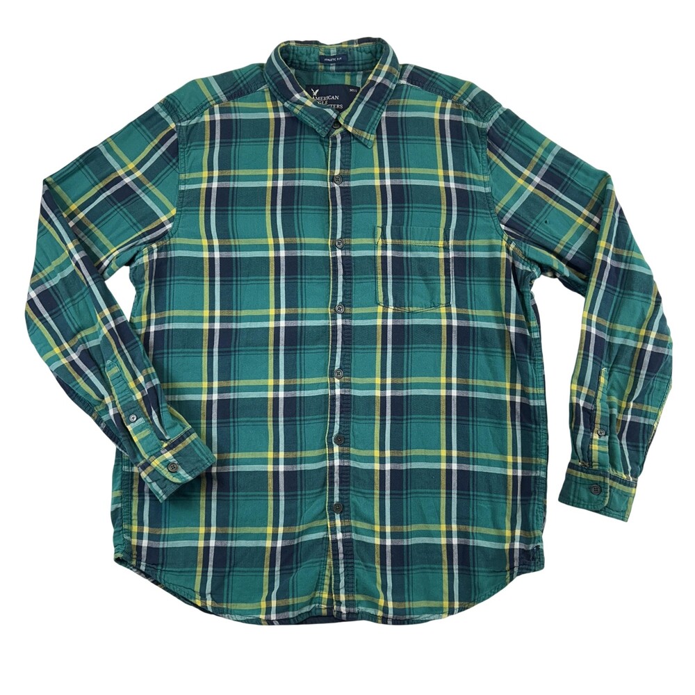 American Eagle Outfitters Shirt Mens XL Green Plaid Flannel Lined Casual FLAW